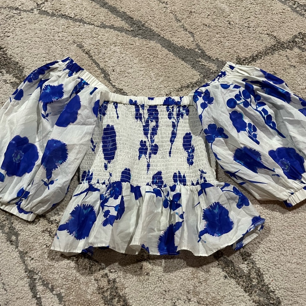 Cynthia Rowley Blue Puffer Sleeve Peplum Top